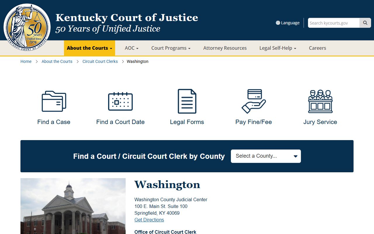 Washington County court records Kentucky Court of Justice county page