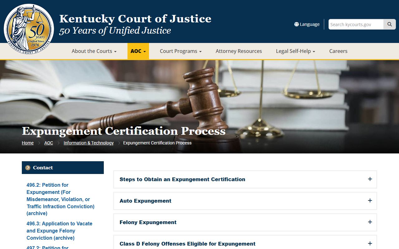 Washington County court dockets KCOJ expungement certification page