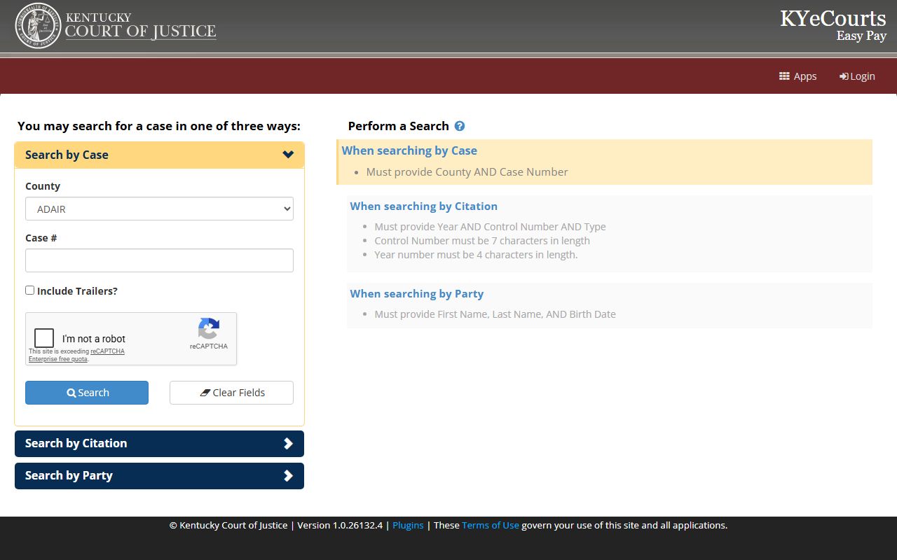 Washington County court dockets ePay case citation party search
