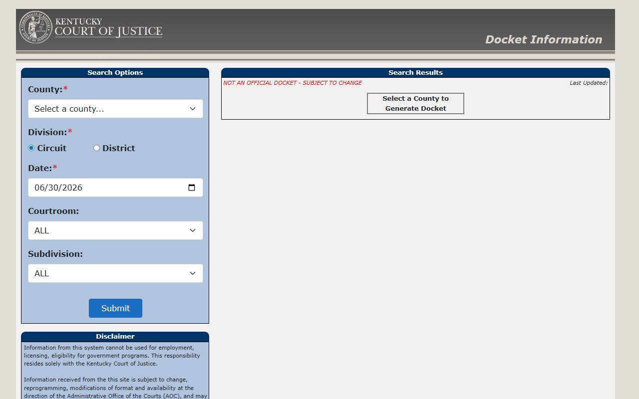 Washington County court records KCOJ docket search form