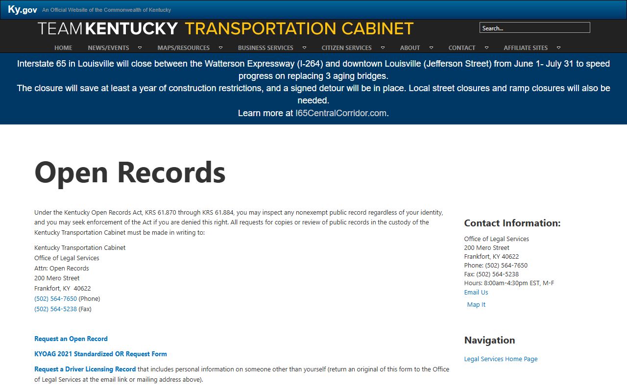 Washington County traffic court records KYTC open records driver licensing page